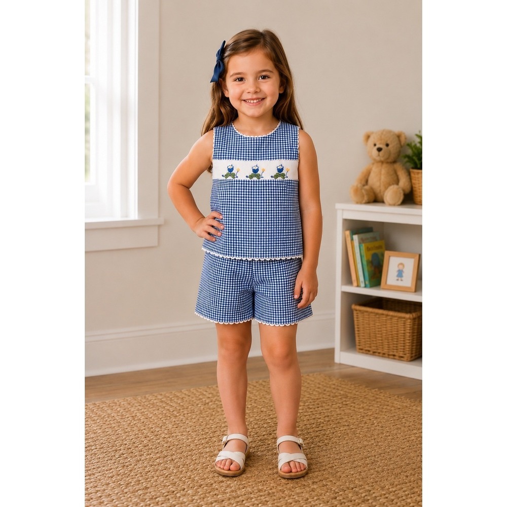 Hand smocked Silly Goose Girls 2 piece Outfit Set 6X‎ Blue White Gingham preppy